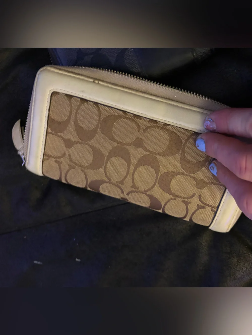Coach Zip Around Signature Canvas Wallet in Brown and Cream Trim